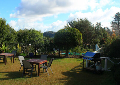 Outdoor BBQ area at Ash Grove Motel in Paihia, with picnic tables, garden views, and a peaceful lawn setting.